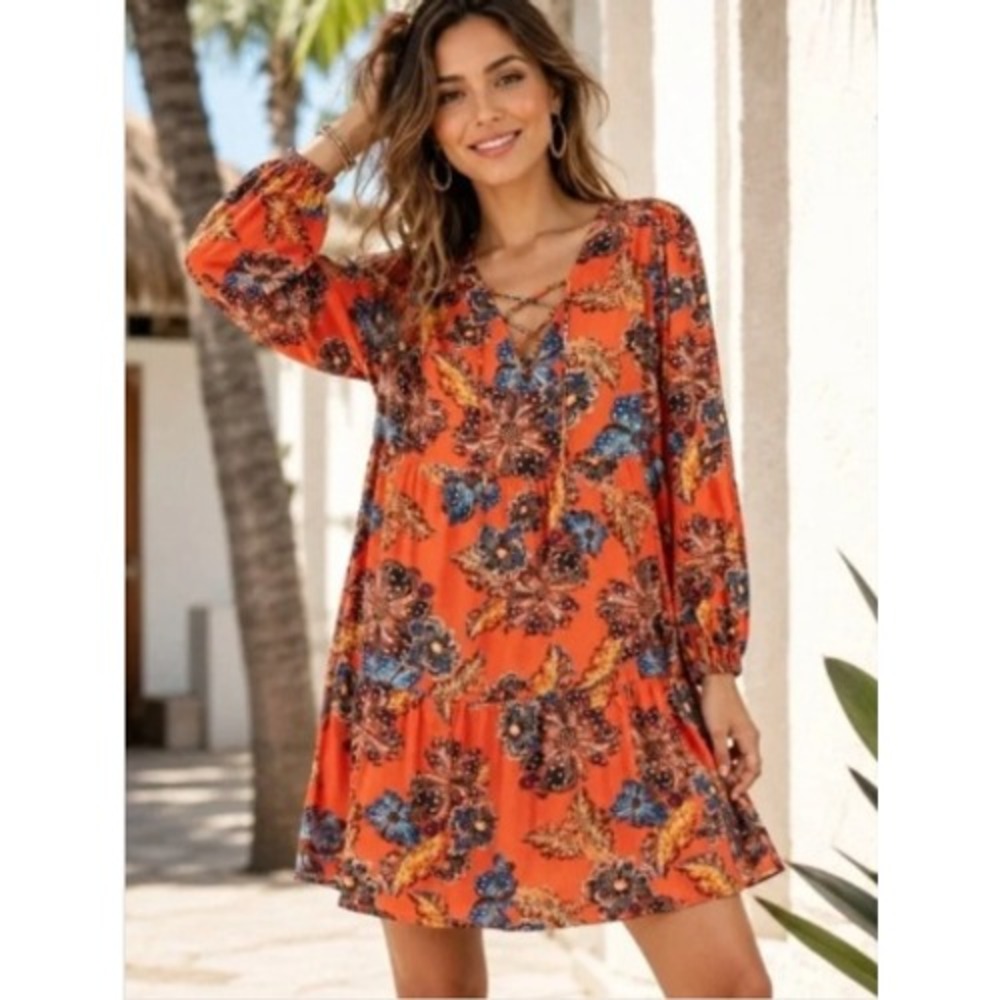 Old Navy Floral Mini Dress Tiered Smock Lace Up V-Neck Orange Multi Women Size M